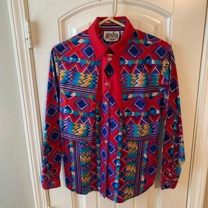 Vintage Rodeo Western Ware Southwest Button Down Shirt Cut Outs and Flaps Size M